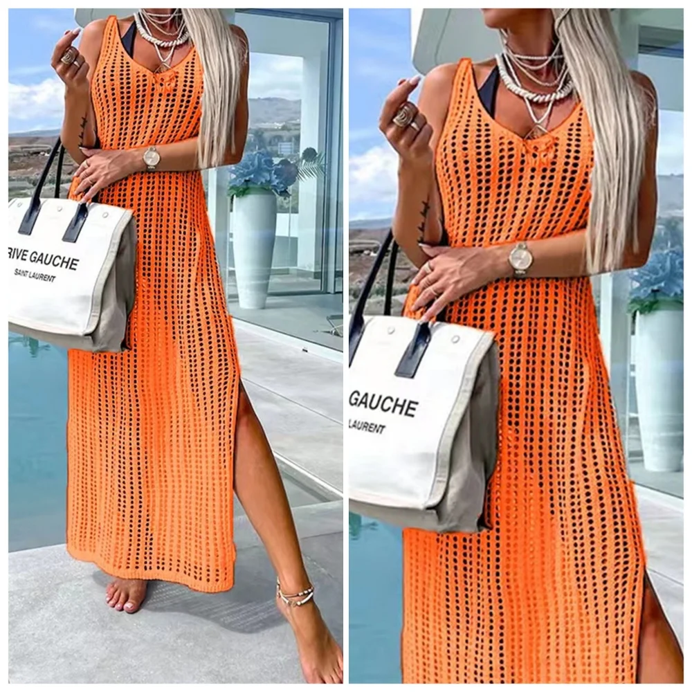 Pink Openwork Slit Cutout Wide Strap Dress